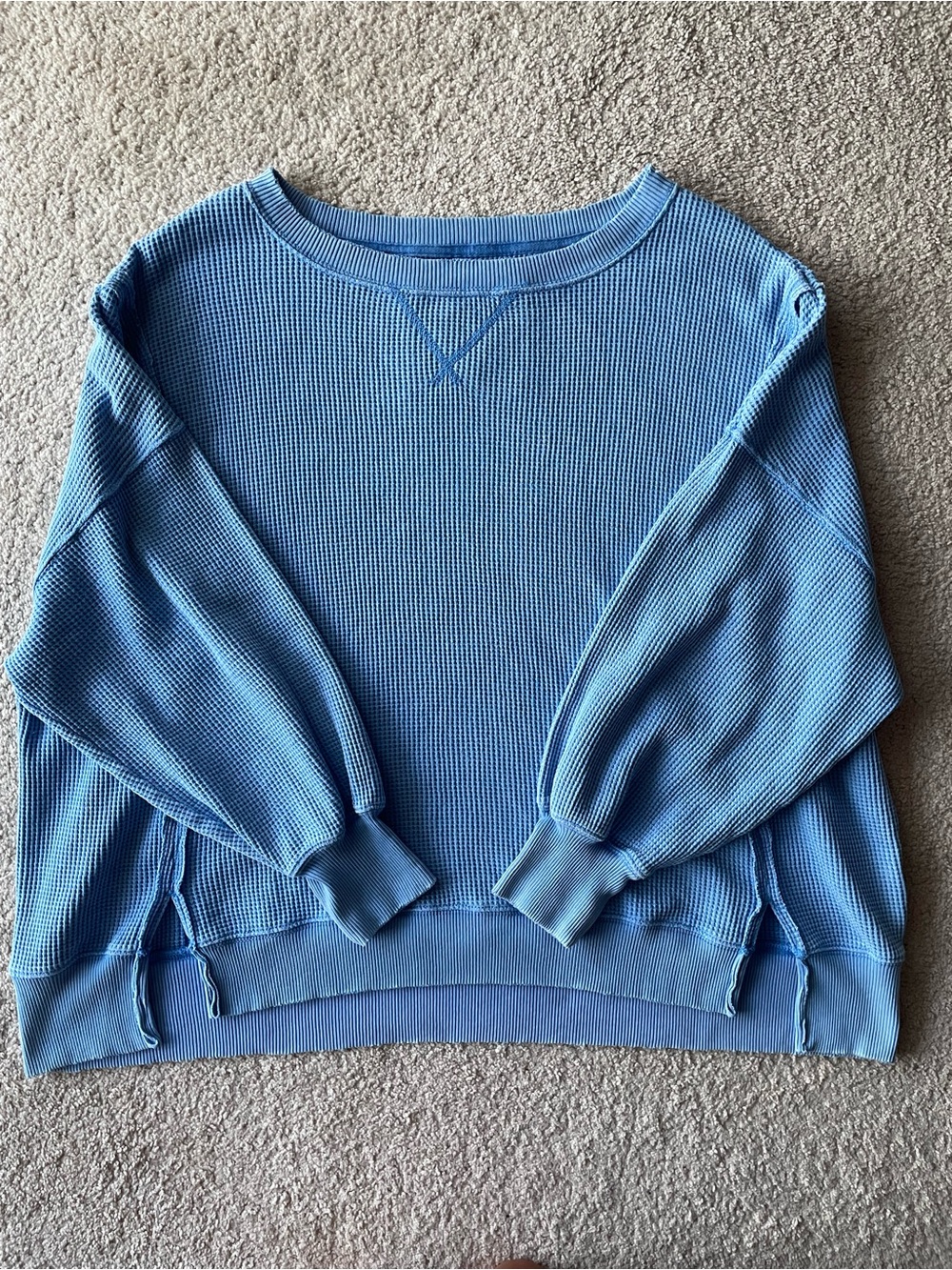 American Eagle Light Blue Women's Waffle-Knit Pullover Sweater Coastal Summer
